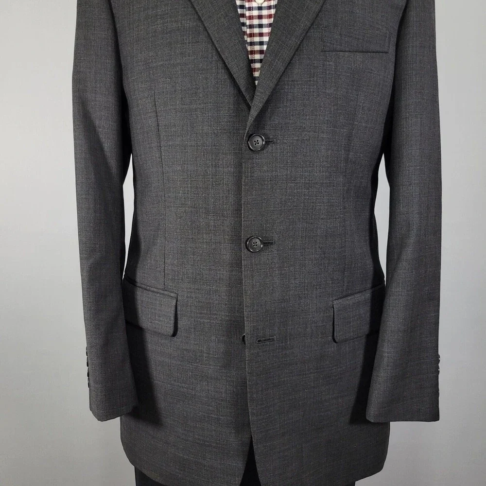 Alfani Men's Sport Coat Blazer Three Button Charcoal Gray‎ Plaid Wool Size 40L